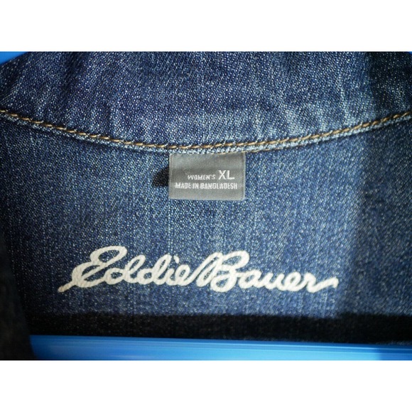 Eddie Bauer Denim Jean Jacket Patches Women XL Biker Bike Week Bands Beer - Picture 13 of 16